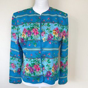 Adrianna Papell Silk Blazer Jacket 8 Blue Pink Floral Cottagecore Elegant Top